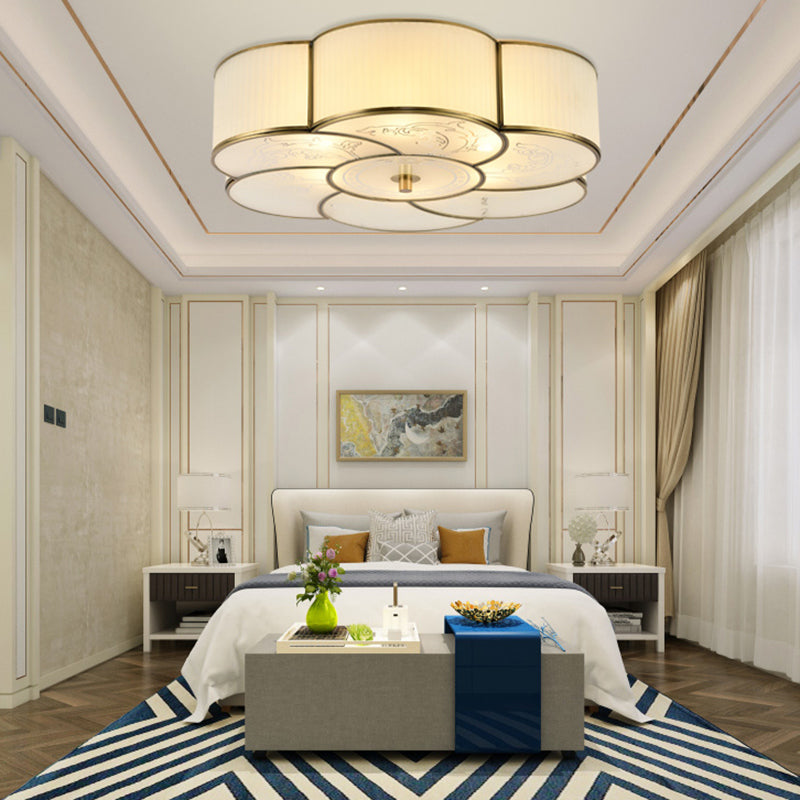 Traditional Brass Floral Flush Mount Lamp For Bedroom With Frosted Glass