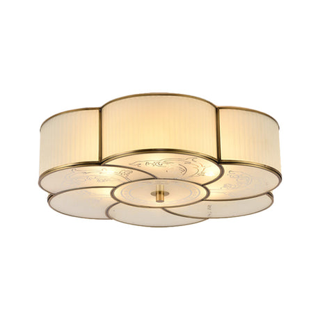 Traditional Brass Floral Flush Mount Lamp For Bedroom With Frosted Glass