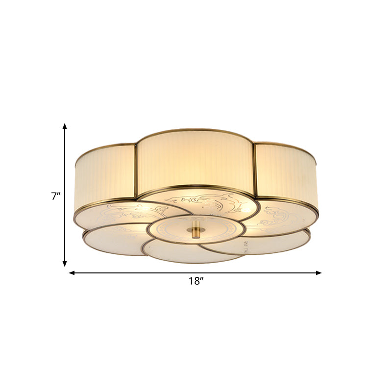 Traditional Brass Floral Flush Mount Lamp For Bedroom With Frosted Glass
