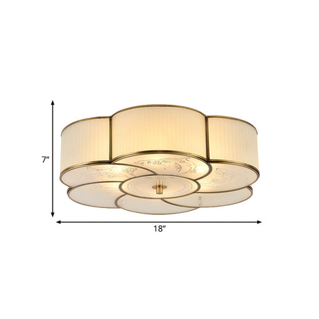 Traditional Brass Floral Flush Mount Lamp For Bedroom With Frosted Glass