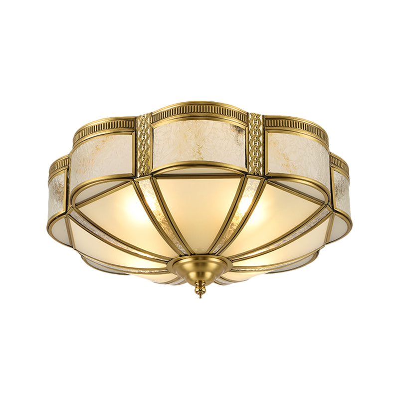 Classic Brass Domed Flush Mount Fixture With Frosted Glass Panel - 3/4/6 Lights For Bedroom