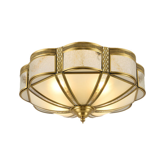 Classic Brass Domed Flush Mount Fixture With Frosted Glass Panel - 3/4/6 Lights For Bedroom