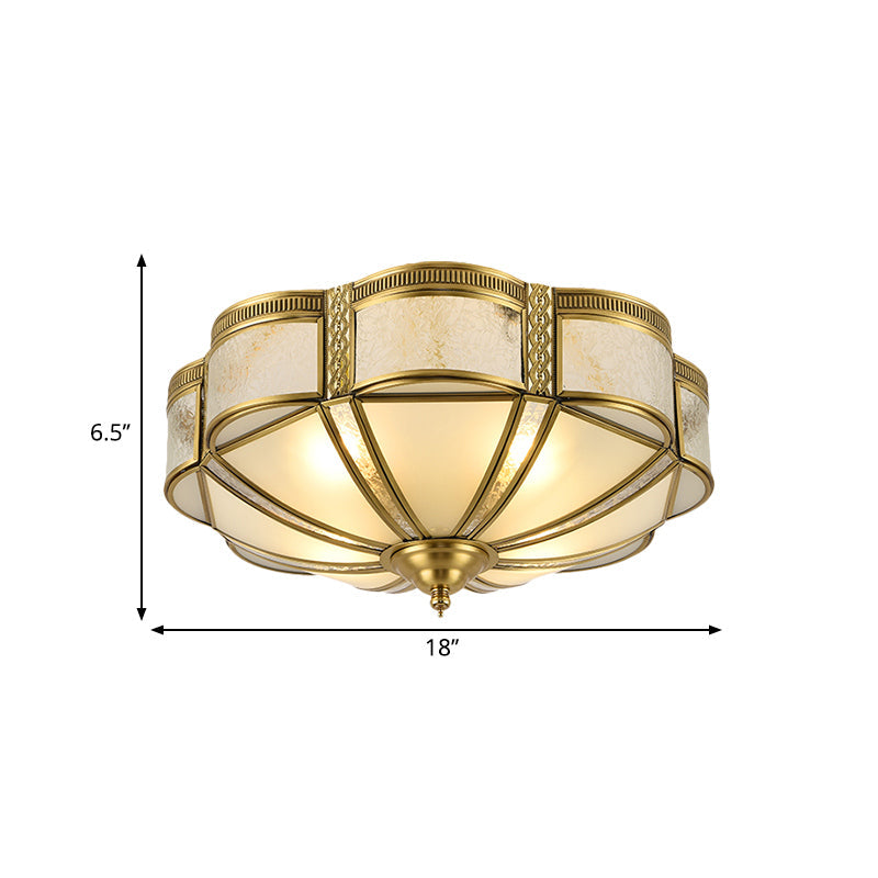 Classic Brass Domed Flush Mount Fixture With Frosted Glass Panel - 3/4/6 Lights For Bedroom