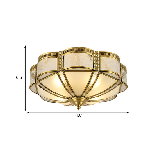 Classic Brass Domed Flush Mount Fixture With Frosted Glass Panel - 3/4/6 Lights For Bedroom
