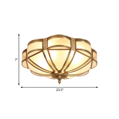 Classic Brass Domed Flush Mount Fixture With Frosted Glass Panel - 3/4/6 Lights For Bedroom