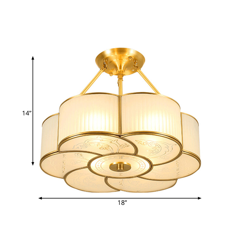Traditional Brass Semi - Flush Flower Ceiling Light With White Curved Glass Shade - 4/6 Lights