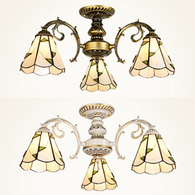 Vintage Lodge Stained Glass Semi Flush Ceiling Light In White/Antique Brass With Conical Design -