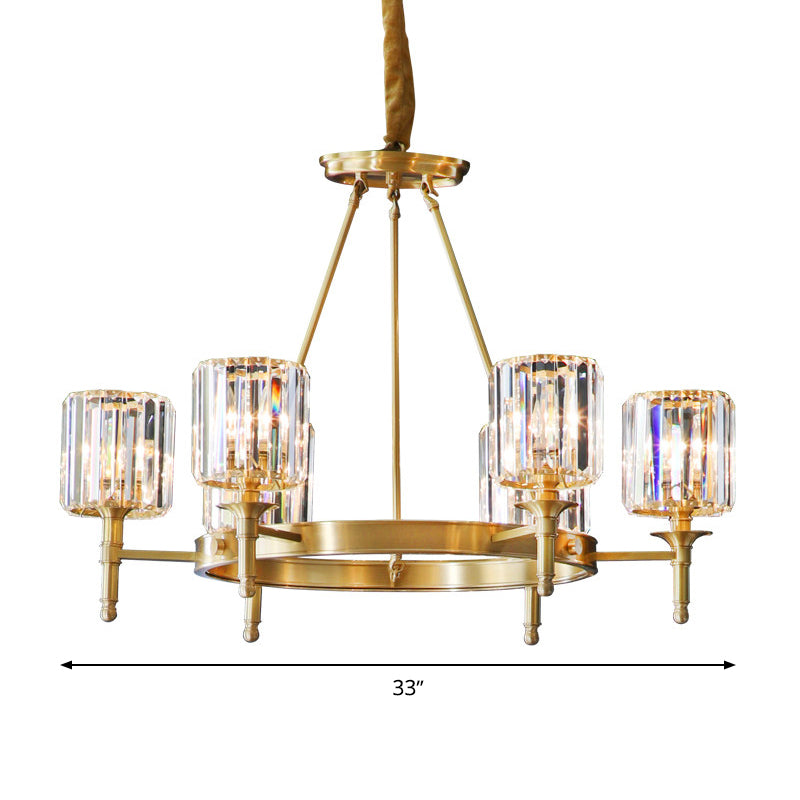 Modern Faceted Crystal Cylinder Chandelier Ceiling Pendant Light W/ 3/5/6 Bulbs In Brass Finish