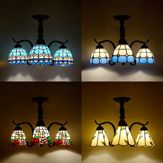 Tiffany Style Stained Glass Semi Flush Lamp - Red/Blue/Green/Blue-White 3/5 Lights Ideal For