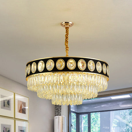 Postmodern Black And Gold Crystal Block Chandelier Lighting 3 Tiers 9/11 Heads 19.5/23.5 Wide
