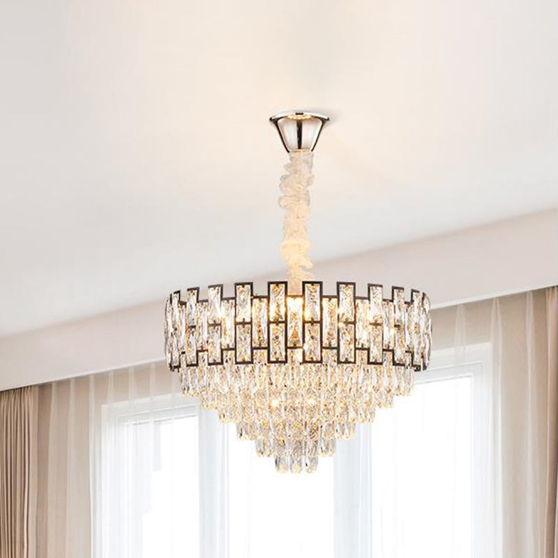 Modern Tapered Nickel Chandelier With Crystal Block 6/10 Heads 16’/19.5’ Wide - Ceiling Hanging
