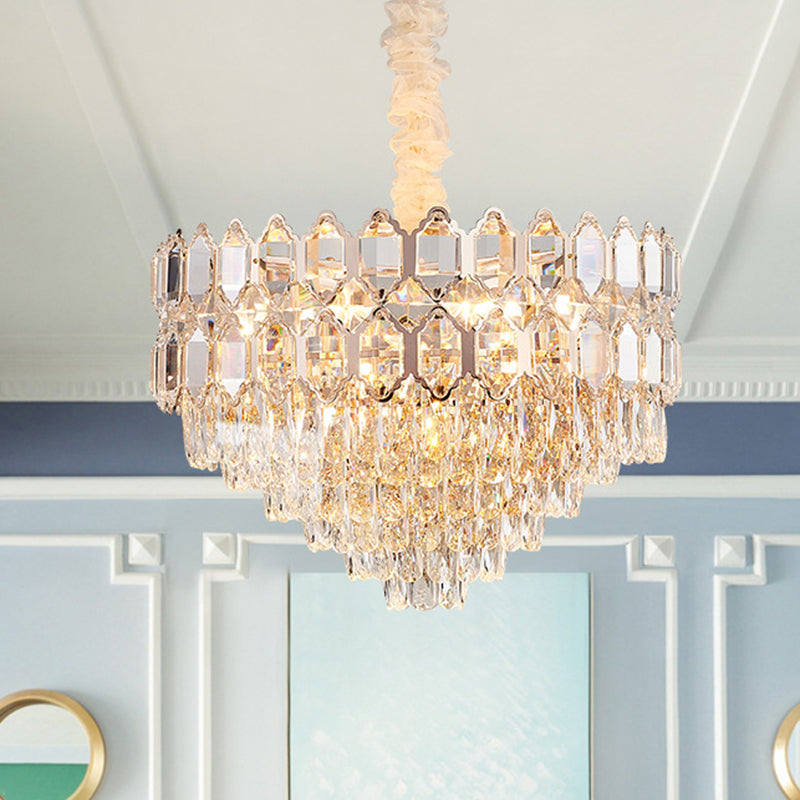 Modern Conical Pendant Lighting: K9 Crystal Chandelier 6/8 Lights Champagne 16’/19.5’ Wide / 16’