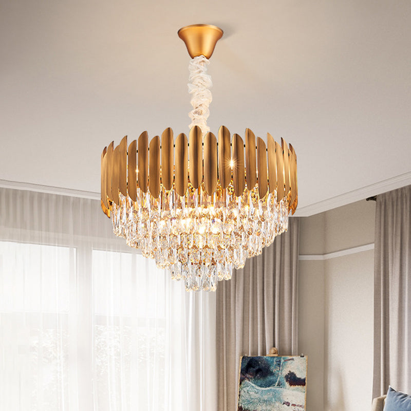 Postmodern Brass Chandelier Pendant Light - Faceted Crystal Cone Design 6/10 Heads 16’/19.5’ Wide