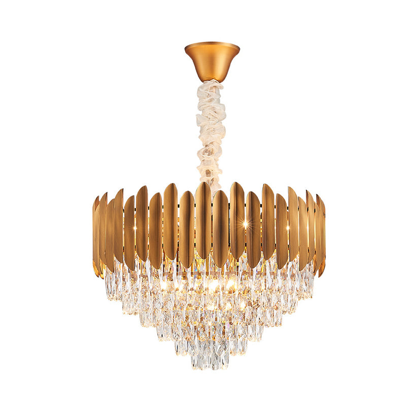Postmodern Brass Chandelier Pendant Light - Faceted Crystal Cone Design 6/10 Heads 16’/19.5’ Wide