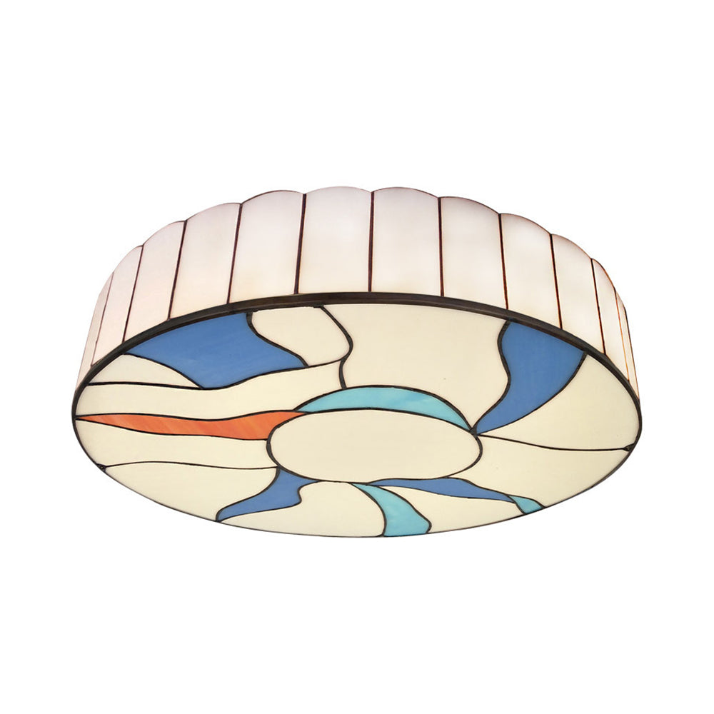Stained Glass Flush Mount Ceiling Light In Modern Style - 16/19.5 White Drum Shade For Living Room