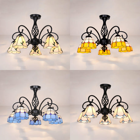 Indoor Stained Glass Semi Flush Mount Light - 5-Light Loft Tiffany Lighting In