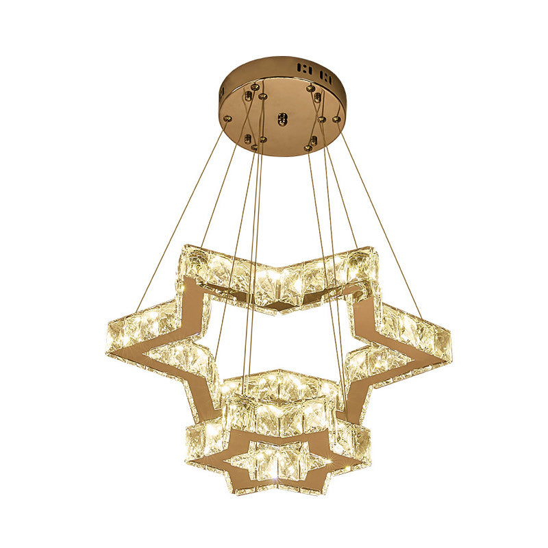 Stainless-Steel Led Ceiling Chandelier: Crystal Block Five-Pointed Star Hanging Light Warm/White/3