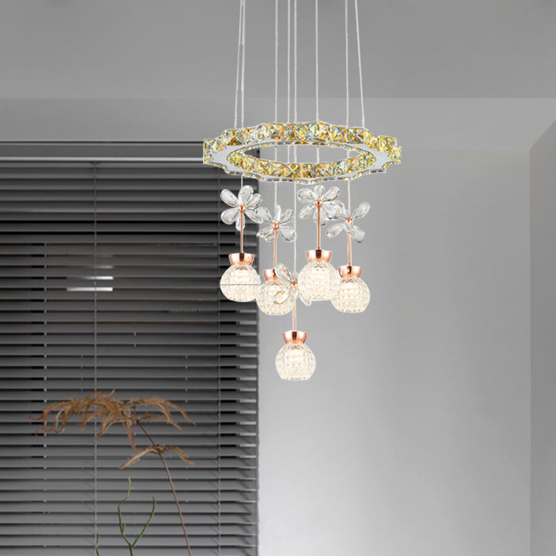 Contemporary Chandelier Pendant Light With Crystal Shade - Modern Chrome Circle/Gear Design (1/3/5