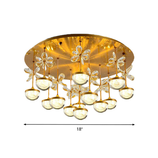 Contemporary Crystal Brass Hemisphere Ceiling Lamp 9/12 Heads 18’/23.5’ Wide