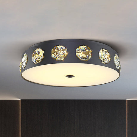 Modern Crystal Led Flush Light In Grey Drum Shape - Ideal For Living Room Ceiling 18/21.5 Dia / 18