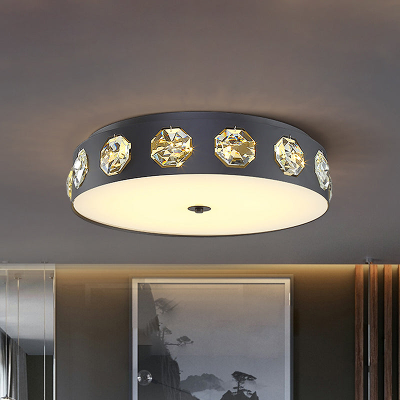 Modern Crystal Led Flush Light In Grey Drum Shape - Ideal For Living Room Ceiling 18/21.5 Dia