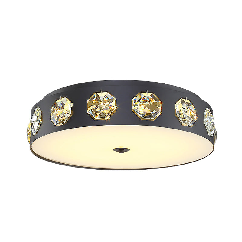 Modern Crystal Led Flush Light In Grey Drum Shape - Ideal For Living Room Ceiling 18’/21.5’ Dia