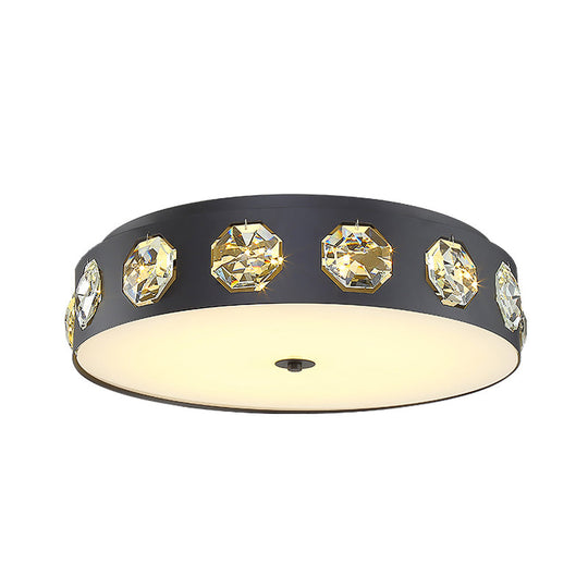 Modern Crystal Led Flush Light In Grey Drum Shape - Ideal For Living Room Ceiling 18’/21.5’ Dia