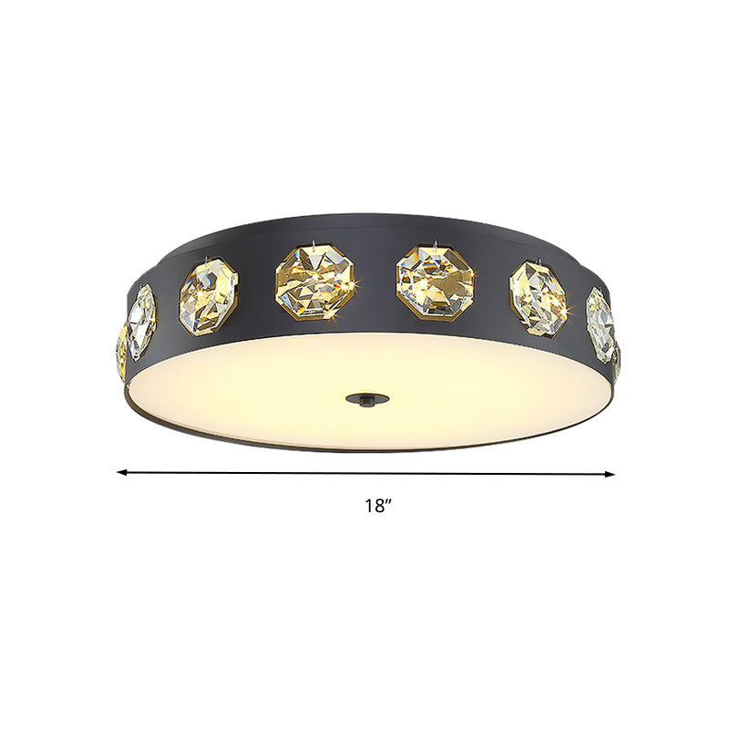 Modern Crystal Led Flush Light In Grey Drum Shape - Ideal For Living Room Ceiling 18’/21.5’ Dia