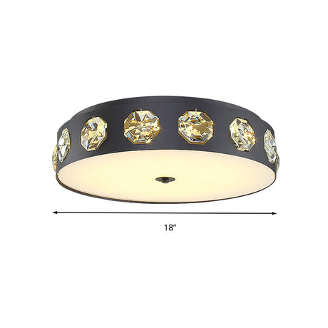 Modern Crystal Led Flush Light In Grey Drum Shape - Ideal For Living Room Ceiling 18/21.5 Dia