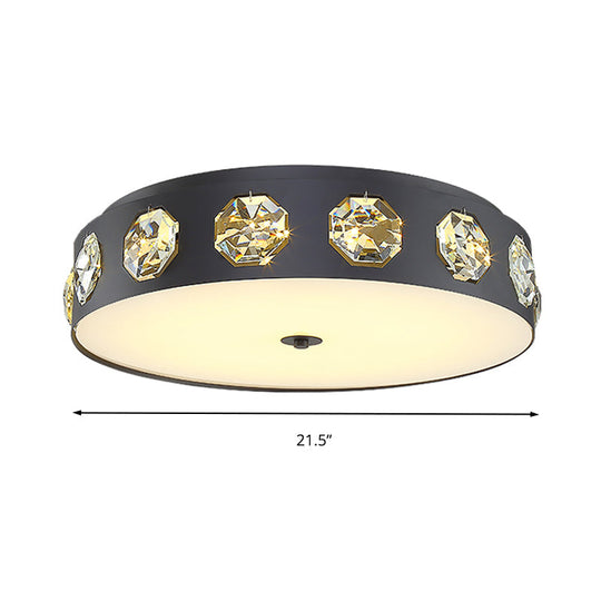 Modern Crystal Led Flush Light In Grey Drum Shape - Ideal For Living Room Ceiling 18’/21.5’ Dia