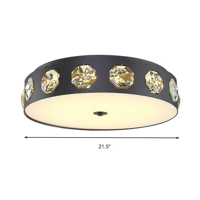 Modern Crystal Led Flush Light In Grey Drum Shape - Ideal For Living Room Ceiling 18/21.5 Dia