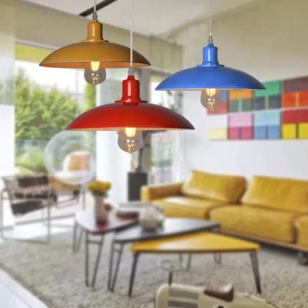 Vintage Metal Saucer Shade Pendant Ceiling Light: Green/Red Stylish 1-Light Fixture For Table