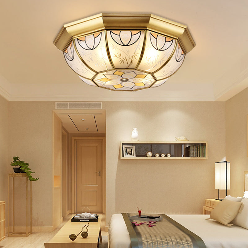 Dining Room Ceiling Light Fixture - 4 - Light Flush Mount In Colonial Brass With Frosted Glass