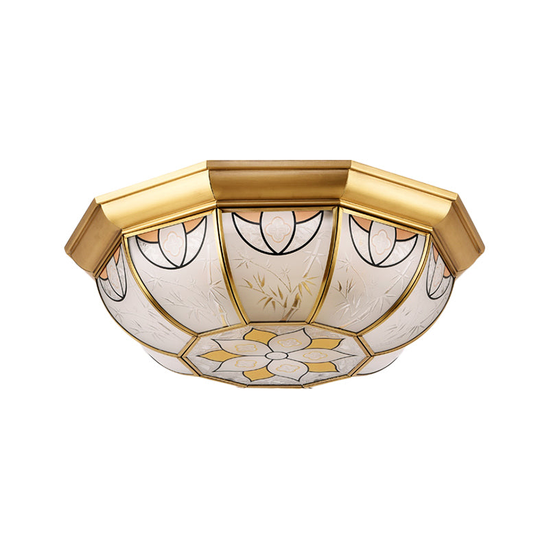 Dining Room Ceiling Light Fixture - 4 - Light Flush Mount In Colonial Brass With Frosted Glass