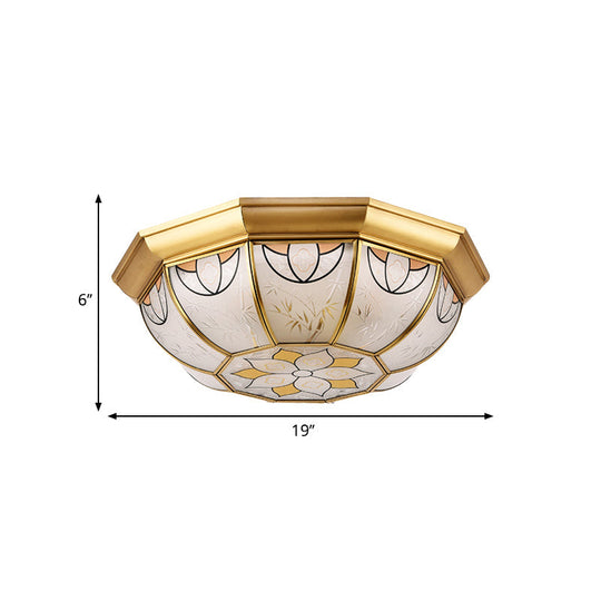 Dining Room Ceiling Light Fixture - 4 - Light Flush Mount In Colonial Brass With Frosted Glass