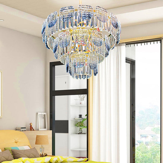 Modern Clear Faceted Crystal Tiered Hanging Light Kit With Blue Pendant Chandelier (5/10 Lights)