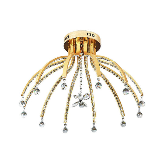 Contemporary Crystal Ball Sputnik Ceiling Mount - Gold Led Semi Flush Light Fixture With 12 Bulbs