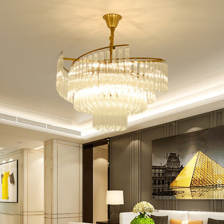 Gold Led Pendant Chandelier With Crystal Rod Shade - 8-Bulb Tiered Light Fixture For Living Room