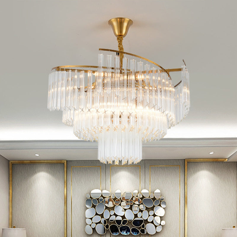 Golden Tiered Crystal Rod Chandelier: 8-Bulb Led Pendant Light For Living Room