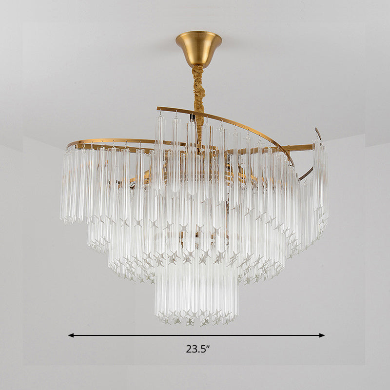 Gold Led Pendant Chandelier With Crystal Rod Shade - 8-Bulb Tiered Light Fixture For Living Room
