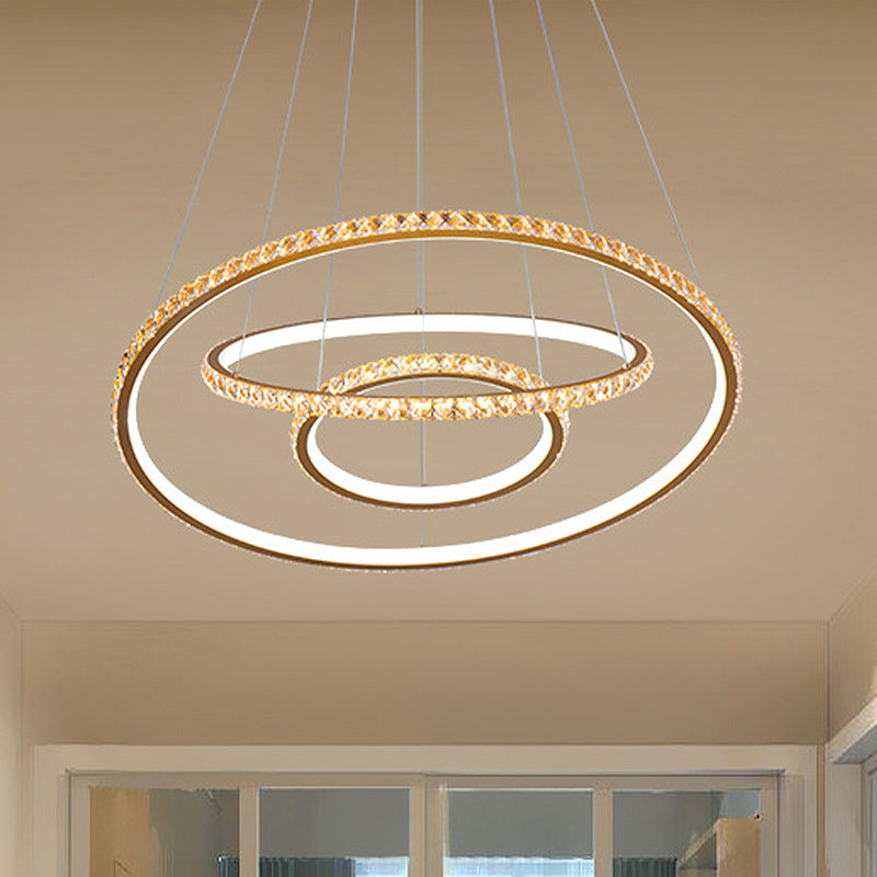 Modern Crystal Led 3-Tier Gold Chandelier With Dual Light Options / Inner Warm Outer White