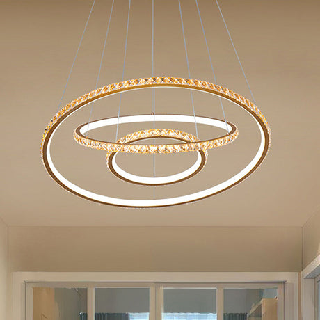 Modern Crystal Led 3-Tier Gold Chandelier With Dual Light Options / Inner Warm Outer White