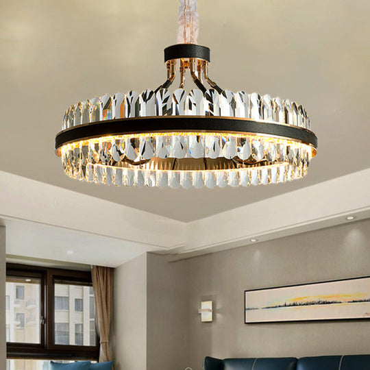 Black Led Chandelier Pendant Light With Round Beveled Crystal Shade - Stylish Living Room Lighting