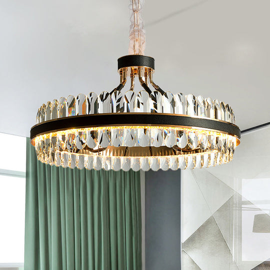 Black Led Chandelier Pendant Light With Round Beveled Crystal Shade - Stylish Living Room Lighting