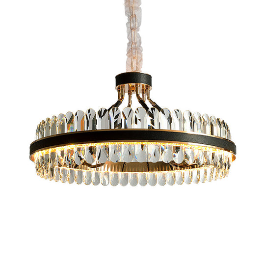 Black Led Chandelier Pendant Light With Round Beveled Crystal Shade - Stylish Living Room Lighting