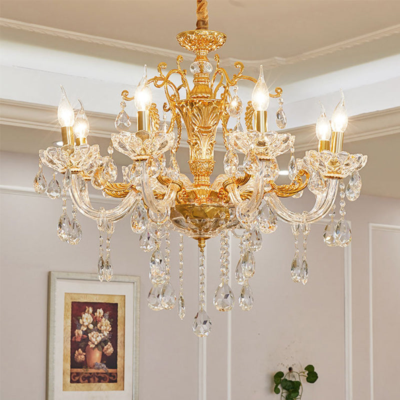 Modern Gold Candelabra Chandelier Light With Crystal Accents - 8 Metal Pendant Heads