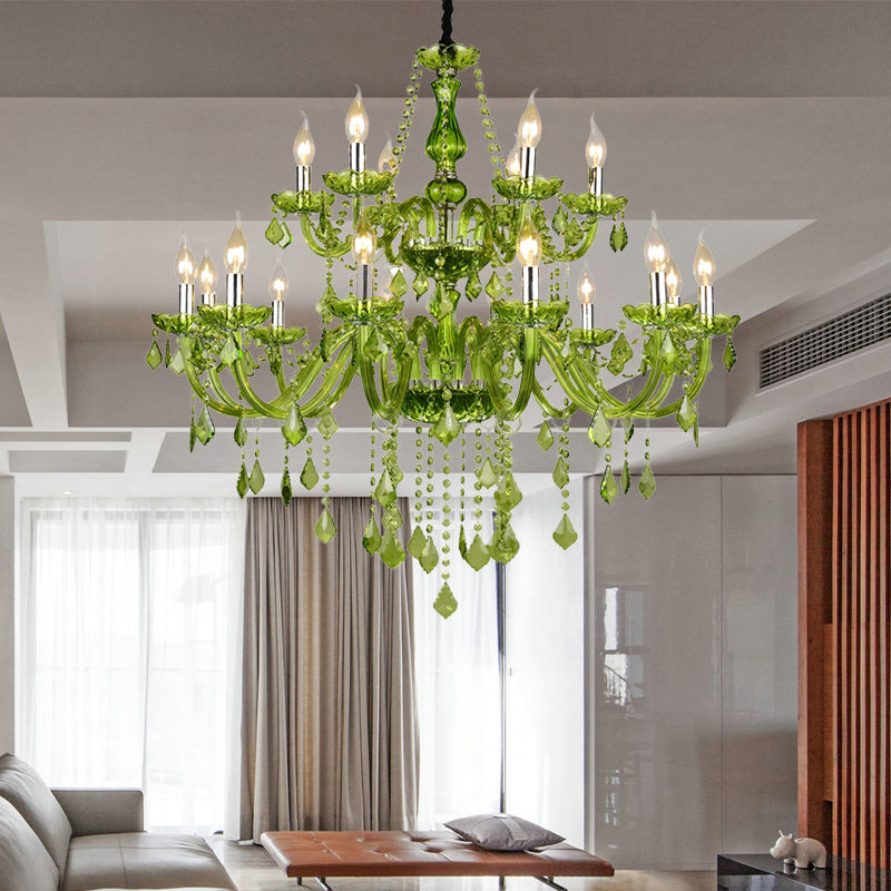 Modern Crystal Candle Chandelier - Green Pendant Lighting For Bedroom (6/18 Lights) 23’’/37.5’’ W