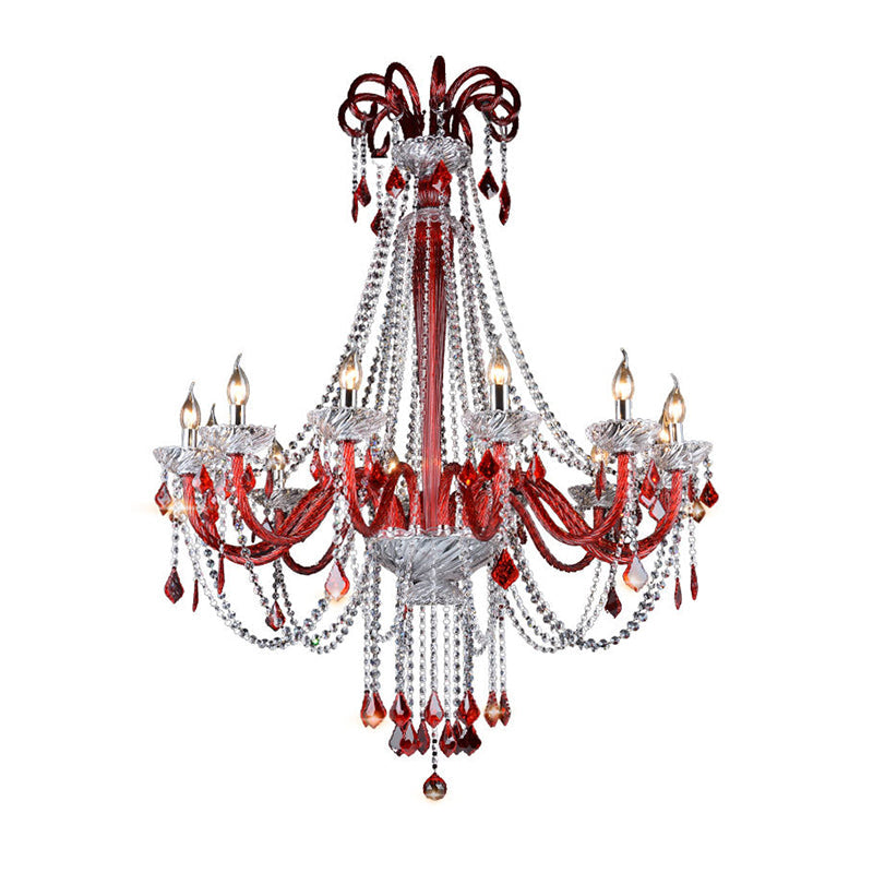 Modern K9 Crystal Candle Chandelier - Red Ceiling Pendant Light With 12 Bulbs For Balcony