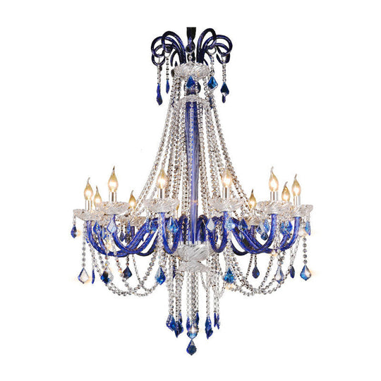 Modern Blue Crystal Candle Chandelier | 12-Light Hanging Ceiling Lamp For Balcony
