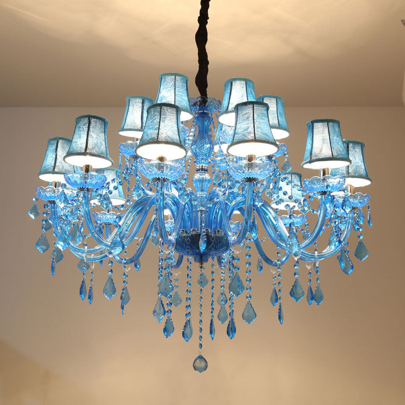 Modern Crystal Pendant Chandelier Blue Hanging Light 6/18 Bulbs Candle/Bell Design 23.5’’/37.5’’ W